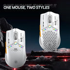 TENMOS M530 Wireless Gaming Mouse, 2.4G/Bluetooth/USB C Wired Rechargeable Mouse, 12000 DPI, RGB, 6 Programmable Buttons, Honeycomb Magnetic Cover, with Receiver Extender for Laptop/PC/Mac, White