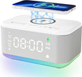 Alarm Clock Speaker Wireless Charger, Digital Alarm Clocks Bedrooms Bluetooth, Alarm Clock Dimmable Light Bedrooms Dual Alarm Snooze Dimmer 12 24H RGB Night Light Bluetooth USB AUX, White