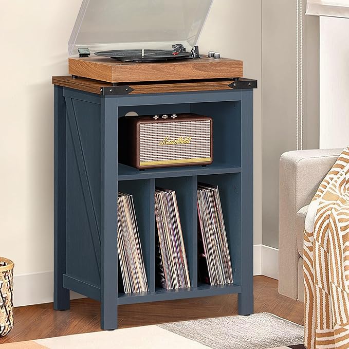 Record Player Stand with Vinyl Record Storage,Navy Blue Record Player Table Holds up to 160 Albums,Large Wood Turntable Stand Cabinet Dispaly Shelf for Living Room,Bedroom,Office