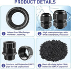 50 PCS 1/4"(4-8mm) NPT Nylon Cable Gland Joints with Gaskets, IP68 Adjustable Lock Nut Strain Relief Cord Grip Waterproof Cable Glands - UL Listed and RoHS Compliant