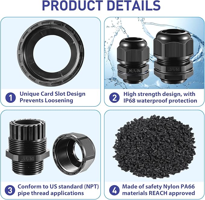 10 PCS 1"(17-25mm) NPT Nylon Cable Gland Joints with Gaskets, IP68 Adjustable Lock Nut Strain Relief Cord Grip Waterproof Cable Glands - UL Listed and RoHS Compliant