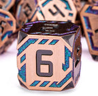Metal DND Sci-fi Dice Set 7PCS Stripe Polyhedral Dice for Dungeons Dragons RPG Role Playing Game, Glitter D and D Dice with Gift Box D6 D8 D10 D12 D20 (Ancient Bronze&Green Purple)