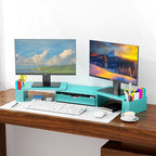 Spacrea Metal Desk Organizers and Accessories, Dual Monitor Stand Riser with Drawer and 2 Pen Holders, Desk Accessories & Workspace Desktop Organizers for Office Supplies (Blue)