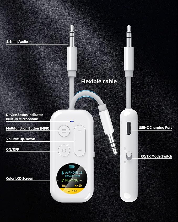 Bluetooth Wireless Audio Transmitter/Receiver, 20+ Hours Playtime,Supports 2 AirPods Headphones, Audio Adapter with Screen for Airplane, Marine, Travel, Speaker