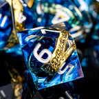 Magic Golden Ring DND Dice Set with Dice Box, Blue Resin Sharp Edge D and D Dice for use with D&D Tabletop Games Handmade Lord Polyhedral Dice Set D20 D12 D10 D8 D6 D4