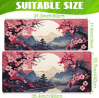 Pink Cherry Blossom Tree Desk Pad, Mountains and Sun Large Gaming Mouse Mat, Extended Big Computer Keyboard Pad With Non-Slip Base and Stitched Edge, 31.5"x11.8"