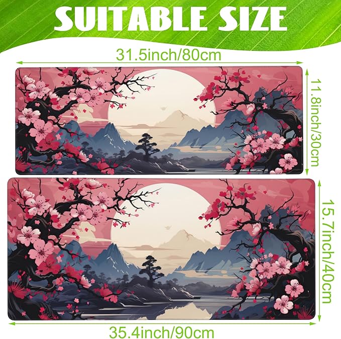 Pink Cherry Blossom Tree Desk Pad, Mountains and Sun Large Gaming Mouse Mat, Extended Big Computer Keyboard Pad With Non-Slip Base and Stitched Edge, 31.5"x11.8"