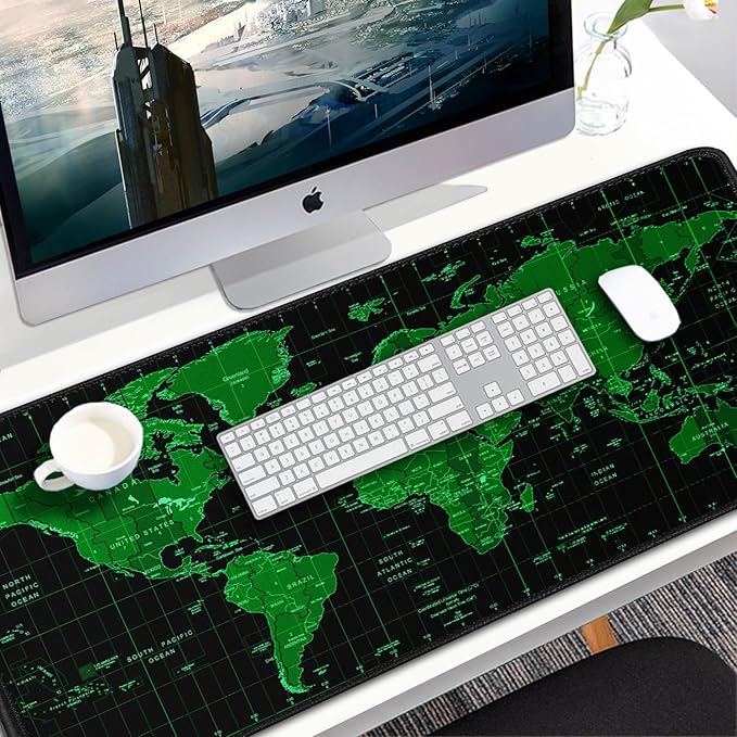 Large Gaming Mouse Pad, 31.5x15.7 inch Large Extended Computer Keyboard Mouse Mat, Water Resist Non-Slip Mousepad Rubber Base Long XXL Desk Mouse Pad for Work & Gaming, Office & Home, Green Map