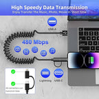 USB to USB-C and Lightning Cable Combo 2 in 1 Coiled Cable Support Apple Carplay & Android Auto [MFi & 3A Fast Charge & Data Sync] Coiled Lightning and USB C Cable for iPhone 17/16/15/14/13/12/Android