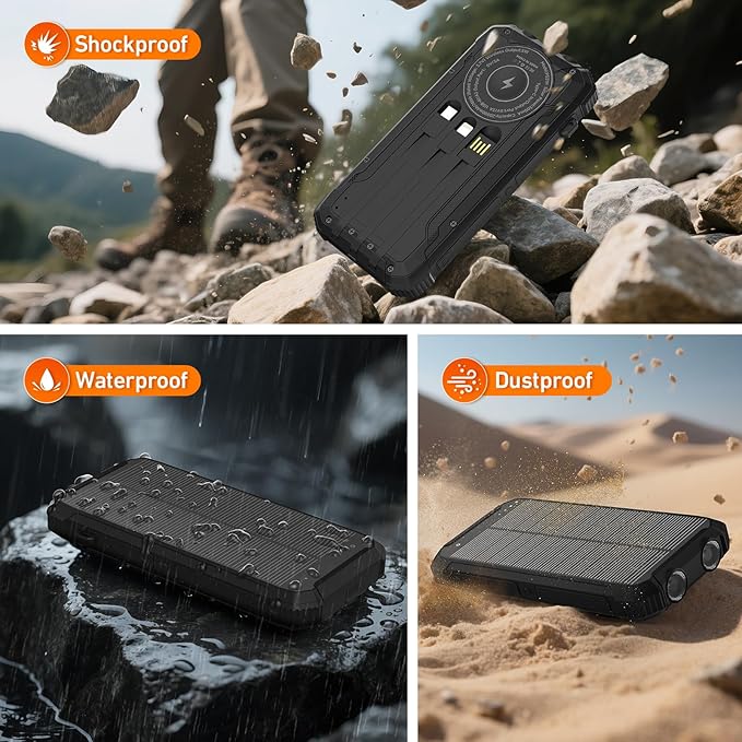 Solar Power Bank 20000mAh Wireless Portable Charger Built-in 3 Cables 15W USB-C Fast Charging Battery Pack Compatible with iPhone, Samsung, iPad, Emergency LED Flashlights Perfect for Camping, Hiking