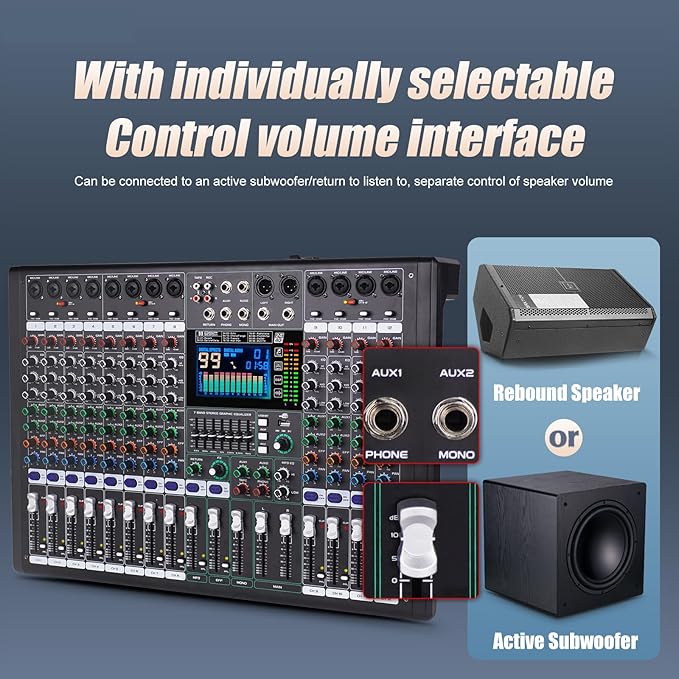 GF12 Multifunction 12 Channel Audio Mixer Stage Performance Mixer Isolated Independent Mute Built-in 7 Level Equalizer and 99 Reverb DJ Mixer for Stage Performance/Karaoke/DJ Music
