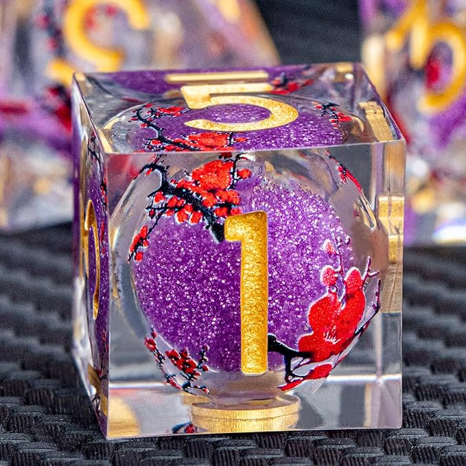 ARUOHHA DND Resin Dice Plum Blossom Liquid Core Purple Sharp Edged Polyhedral Dragons Dice Set with Gift Box, Dungeons D and D Dice Role Playing Game D20 D12 D10 D8 D6 D4