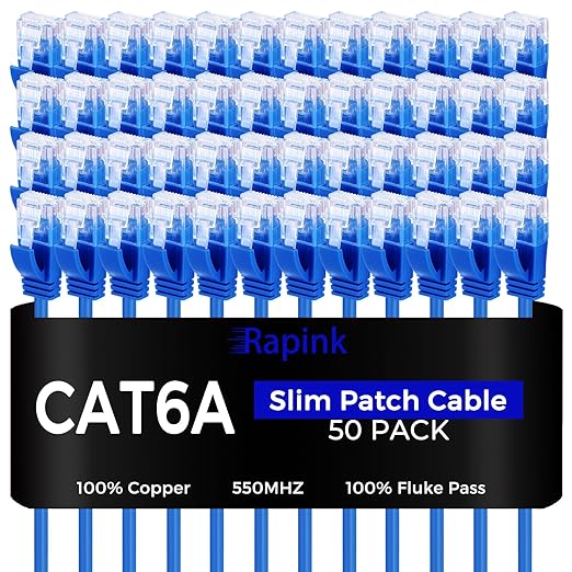 Rapink Patch Cables Cat6a 0.5ft (50 Pack) Slim, Cat6a Ethernet Patch Cable 10G Support, Snagless Cat 6 Patch Cable for Patch Panel to Switch, Flexiable Cat 6a Ethernet Cable with Gold Plated