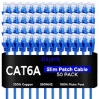 Rapink Patch Cables Cat6a 0.5ft (50 Pack) Slim, Cat6a Ethernet Patch Cable 10G Support, Snagless Cat 6 Patch Cable for Patch Panel to Switch, Flexiable Cat 6a Ethernet Cable with Gold Plated