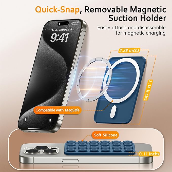 GONEZ Magnetic Suction Cup Phone Mount for MagSafe Case, Removable Silicone Sticky Grip for iPhone 12/13/14/15/16, Hands-Free Selfies and Videos for TikTok & Instagram Influencer/Creator, Ocean Blue