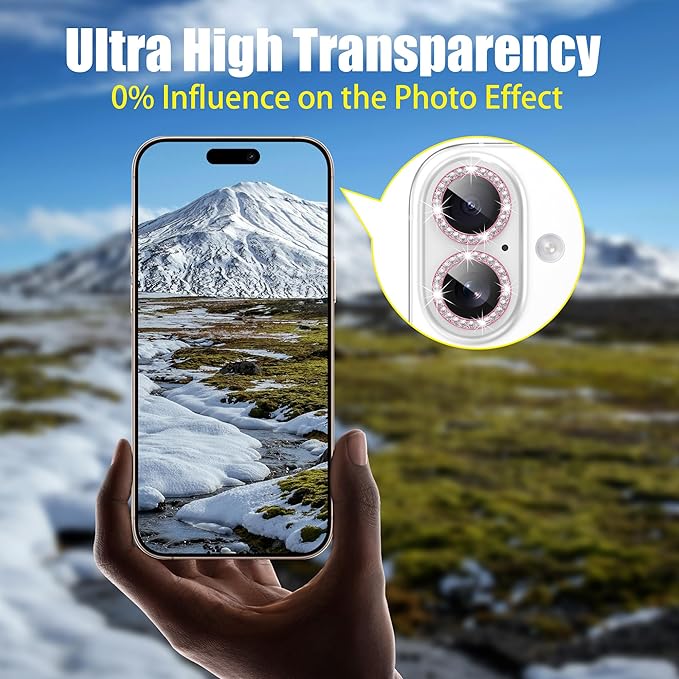 AGVEE 3+3 6 Pack for iPhone 16 6.1" / 16 Plus 6.7" Camera Lens Cover Protector, Bling Diamond & Bling Glitter Metal Ring 9H Tempered HD Glass Camera Cover Protector Film, Bling-Pink