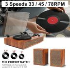 Vinyl Record Player with External Speakers, 3 Speed Bluetooth Turntable for Vinyl Records, Vintage Belt Drive Record Player with Stereo Speakers and Auto Stop, RCA Audio Out and Aux-in,Light Wood