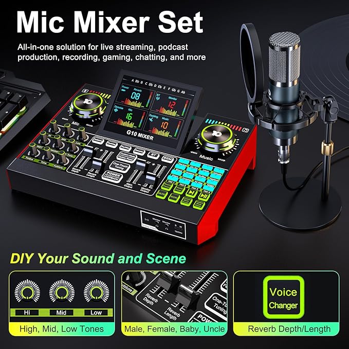 Podcast Microphone Bundle with Live Sound Board Audio Mixer, Podcast Equipment Bundle with 3.5mm Condenser Microphone(P15) for Pc/Phone Live Streaming Singing Gaming, Voice Changer, Denoise
