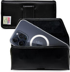 Turtleback Belt Holder for iPhone 16 Pro Max, 15 Pro Max, 14 Pro Max -Small- Fits w/Slim MagSafe Style Cases, Premium Black Leather Horiz. Belt Holster, Magnetic Closure, Leather Wrapped Clip