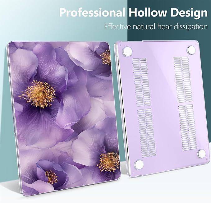 TWOLSKOO Compatible with M4 MacBook Air 15 inch Case 2025-2023 Released Model M4 A3241 M3 A3114 M2 A2941, Plastic Hard Shell & Screen Protector & Keyboard Cover & Type C Adapter, Purple Flowers