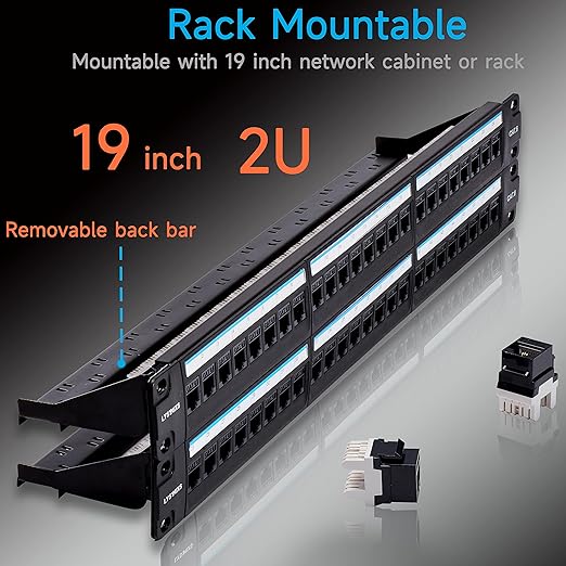 Cat6 Patch Panel 48 Port with Keystone, RJ45 Network Panel 19 Inch, Punch Down Keystone Ethernet Patch Panel with Back Bar