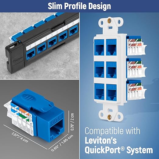 Everest 45° Angled RJ45 Cat6 Keystone Jacks 50-Pack in Blue - Slim Profile Female RJ45 Connectors - Cat 6 Keystone Jack - Compatible with 45° Angled Speed Termination Tool - 45Term (B0BL3GS7ZY)