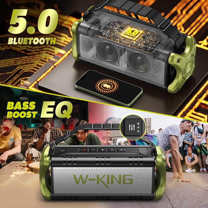W-KING Bluetooth Speaker, 90W Max Portable Loud Speakers Wireless, IPX6 Waterproof Outdoor Speaker, 50W Deep Bass/2 Powerful Subwoofer/40H/Power Bank/Dual Pairing/EQ/TF/AUX/NFC for Camping,Pool,Party