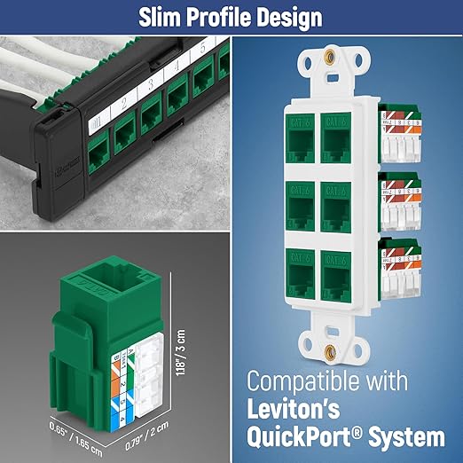 Everest 90° Angled RJ45 Cat6A Keystone Jacks 20-Pack in Green - Slim Profile Female RJ45 Connectors - Cat 6A Keystone Jack - Compatible with 90° Angled Speed Termination Tool - easyJACK (B094WB91H3)