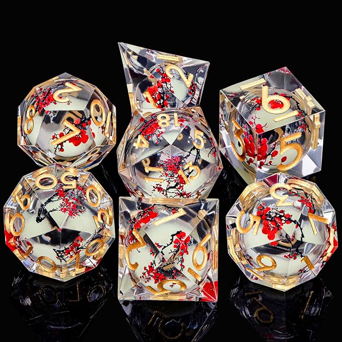 Plum Blossom DND Dice Yellow Noctilucent Liquid Core Dice Set with Metal Box, Handmade Sharp Edge Dice D and D Polyhedral Dice for use with D&D RPG Role Playing Game