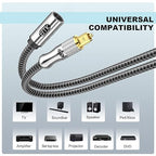 EMK Optical Cable Extension, 24K Gold-Plated Optical Audio Cable Toslink Female to Male Audio Extended Cable Compatible for Sound Bar,Home Theater (3 Feet/1M, Optic Extension, Silver2)