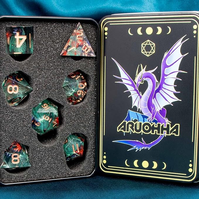 ARUOHHA DND Resin Dice Translucent Green Leaf Sharp Edged Dice Set with Box, 7pcs Flower Inclusions Polyhedral D and D Dice RPG Role Playing Game D20 D12 D10 D6