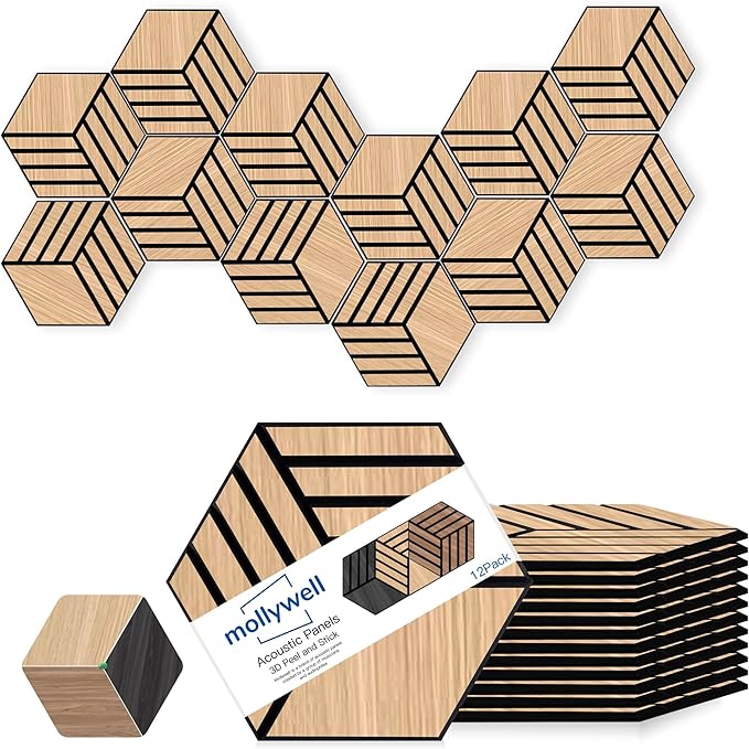 Mollywell Hexagon Acoustic Panels, Natural Oak TW4, 14x12x0.4 Inch, 12 Pack |Wood Veneer|High Density Sound Proofing Wall Panels|Self Adhesive Sound Dampening Felt Wall Tiles|Home Theater|Gaming Room|