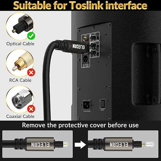 Elecan Optical Audio Cable 8 Ft/2 Pack Digital Audio Toslink Cable Cord-Fiber Optic-Gold Plated-Flexiable&Durable-for Home Theater,Sound Bar,PS4& Xbox-with Right Angled+Mini Toslink Adapters+Ties