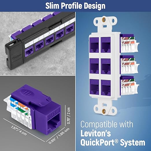 Everest 45° Angled RJ45 Cat6 Keystone Jacks 50-Pack in Purple - Slim Profile Female RJ45 Connectors - Cat 6 Keystone Jack - Compatible with 45° Angled Speed Termination Tool - 45Term (B0BL3GS7ZY)
