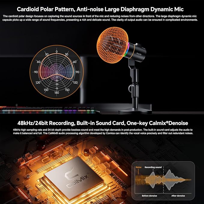 COMICA D10 Pro D Wireless/XLR/USB Dynamic Microphone with Receiver Desktop Stand- Dual Channel Cardioid Mic, 45H Battery, RGB Lights, CalMix Denoise for Gaming/Streaming/PD(PC, PS4/5, Mac,Phone)-Black
