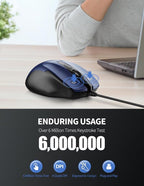 TECKNET USB Wired Mouse, 6-Button Corded Mouse with 4 Adjustable DPI, Optical Computer Mouse with Ergonomic Design and 5FT Cord for Laptop, Chromebook, PC, Desktop, Mac, Notebook-Blue