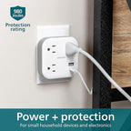 Philips EZFit 3-Outlet Surge Outlet Extender with USB, 1 USB-A, 1 USB-C, Adapter Spaced, Charging Station, 12W, 980 Joules, White - SPP9393W/37