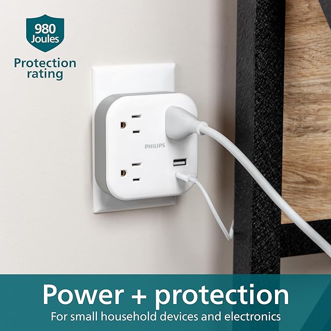 Philips EZFit 3-Outlet Surge Outlet Extender with USB, 1 USB-A, 1 USB-C, Adapter Spaced, Charging Station, 12W, 980 Joules, White - SPP9393W/37