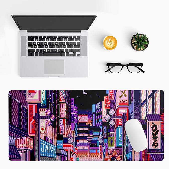 Dark Purple Japanese Gaming Mouse Pad Abstract Anime Mat 31.5x11.8 Inch Tokyo Pixel Street Texture Non-Slip Rubber Base Kawaii Mousepad Stitched Edges Keyboard Desk Pad for Office and Home Game