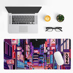 Dark Purple Japanese Gaming Mouse Pad Abstract Anime Mat 31.5x11.8 Inch Tokyo Pixel Street Texture Non-Slip Rubber Base Kawaii Mousepad Stitched Edges Keyboard Desk Pad for Office and Home Game
