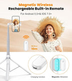 TONEOF 70" Automatic Tripod,Auto-Open Phone Stand with Magnetic Rechargable Remote,Selfie Stick 360° Vertical & Horizontal Rotatable,Stable Travel Tripod for iPhone/Android(White)