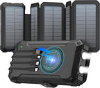 GOODaaa Solar Charger Power Bank, Portable Wireless Charger 36800mAh with Five Solar Panels Built-in Four Cable Five Outputs Outdoor Battery Pack for Cell Phone with Dual Flashlights, Carabiner