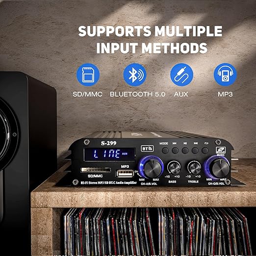 Facmogu S-299 4.1CH Bluetooth Power Amplifier with Active Subwoofer Output (NOT Passive Subwoofer), Max 800W RMS 40Wx4 Subwoofer Amplifier Hi-Fi Integrated Mini Speaker Amp Audio Sub Bass Amp