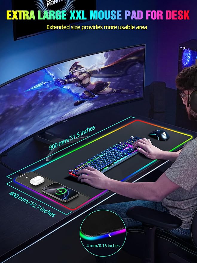 TopMade Wireless Charging RGB Mouse Pad, Waterproof Gaming Desk Mat with 4 Light Modes & 11 RGB Colors, 31.5"x15.75" XXL Large Desk Pad(Includes 20W PD Power Adapter & 6.56ft Woven Cable)