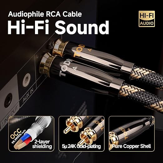 TODN High End RCA Cables for Audiophile 2 RCA Male to Male Stereo Audio Cable with Dual Shielded for HiFi Home Theater (4.9ft/1.5m, 1 Pair)