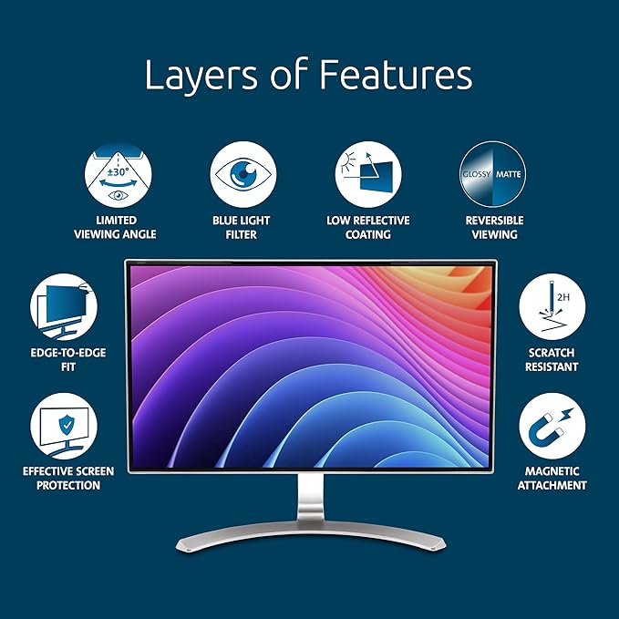 Kensington MagPro 24 Inch Magnetic Computer Privacy Screen for Desktop, Removable 16:9 Computer Privacy Filter, Anti-Glare Blue Ray Reduction, Compatible with Slim Bezel Monitors, K55418WW