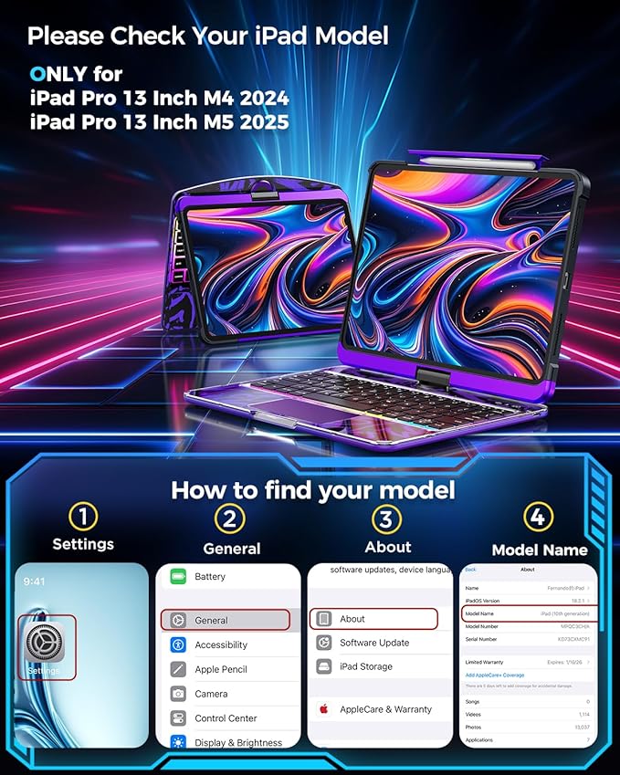 SIBEITU Keyboard Case for iPad Pro 13 Inch (M5 2025 / M4 2024), 360 Rotatable iPad Pro 13 Clear Cover with Multi-Touch Trackpad, 7-Color Backlight & 3 Brightness, High-Tech Visible PCB Design, Purple