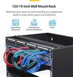StarTech.com 12U Wall Mount Patch Panel Bracket - 13.75 in. (34.93 cm) Max. Mounting Depth - 19" Patch Panel Rack for Shallow Network Equipment- 125lbs Capacity, TAA (WALLMNT12)