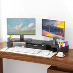 Spacrea Metal Desk Organizers and Accessories, Dual Monitor Stand Riser with Drawer and 2 Pen Holders, Desk Accessories & Workspace Desktop Organizers for Office Supplies (Black)
