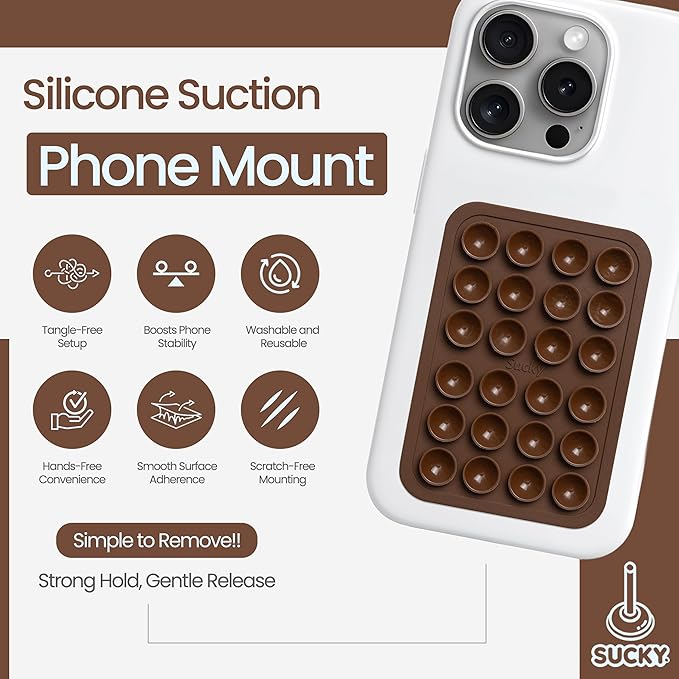 SUCKY Silicone Suction Phone Case Adhesive Mount - Anti-Slip Holder, Hands-Free Fidget Toy, Phone Accessory for iPhone and Android - Sticky Grip for Selfies, Videos, and Tiktok - Mocha Brown